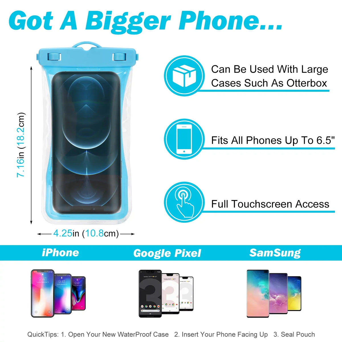 Urbanx Universal Waterproof Phone Pouch Cellphone Dry Bag Case Designed For Ulefone Armor 7 Perfect Fit For All Other Smartphones Up To 7" - 3 Cases - Mixed Colors