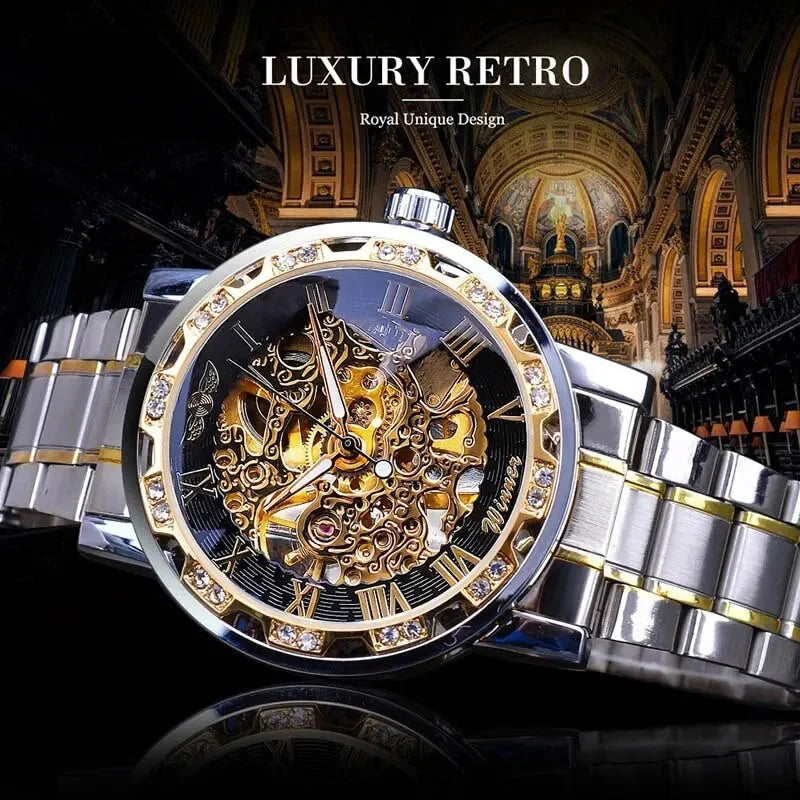 Gift Silver Gold White Movement Diamond Wrist Gear Skeleton Watch 1pc Luxury Men Exquisite Mechanical Business