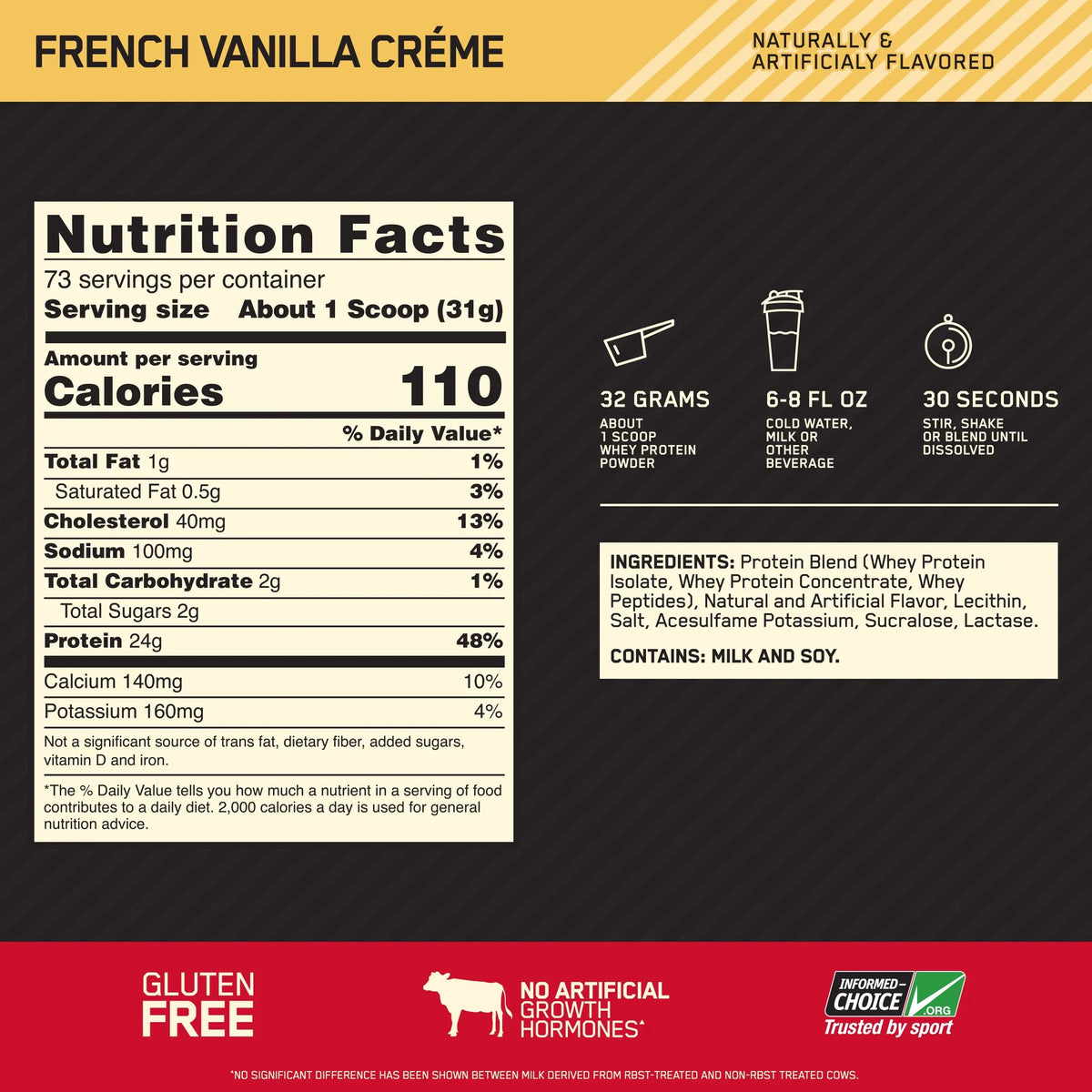 Optimum Nutrition, Gold Standard 100% Whey Protein Powder, French Vanilla Creme, 5 Lb, 73 Servings