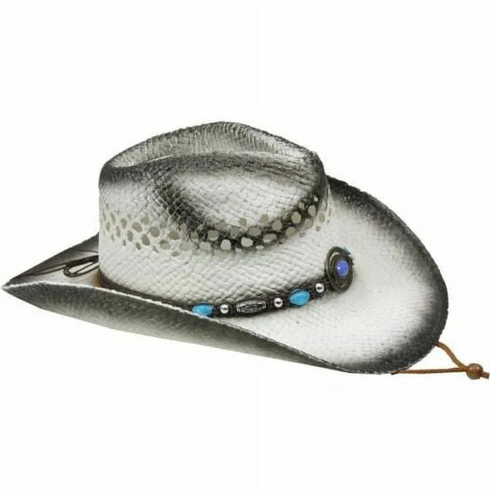 White Tea Stain Cowboy Straw Hat W/ Turquoise Azure Beads Women Western Cowgirl