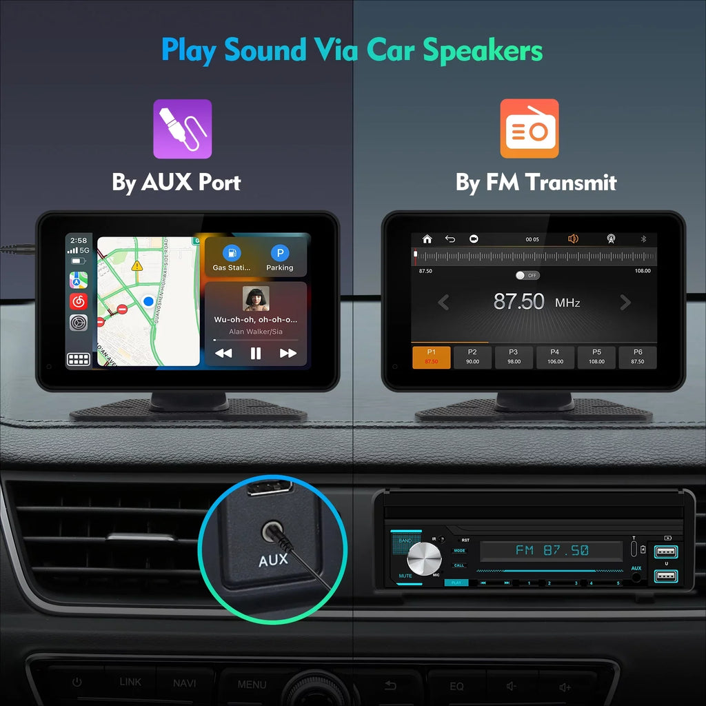 Navigation, Radio Camera Portable Car Full AUX, Control, Auto Car Screen 7 Android & Stereo, Car Voice Touch Bluetooth, with Carplay Backup Receiver Inch Transmitter, FM Portable HD Wireless