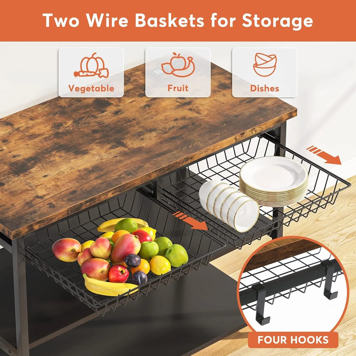 Stckjxx Kitchen Island With Industrial Island Table With Power Outlets And Wire Baskets 3 Tier Microwave Oven Stand Butcher Block Island With Large Worktop 4 Hooks Rustic Brown