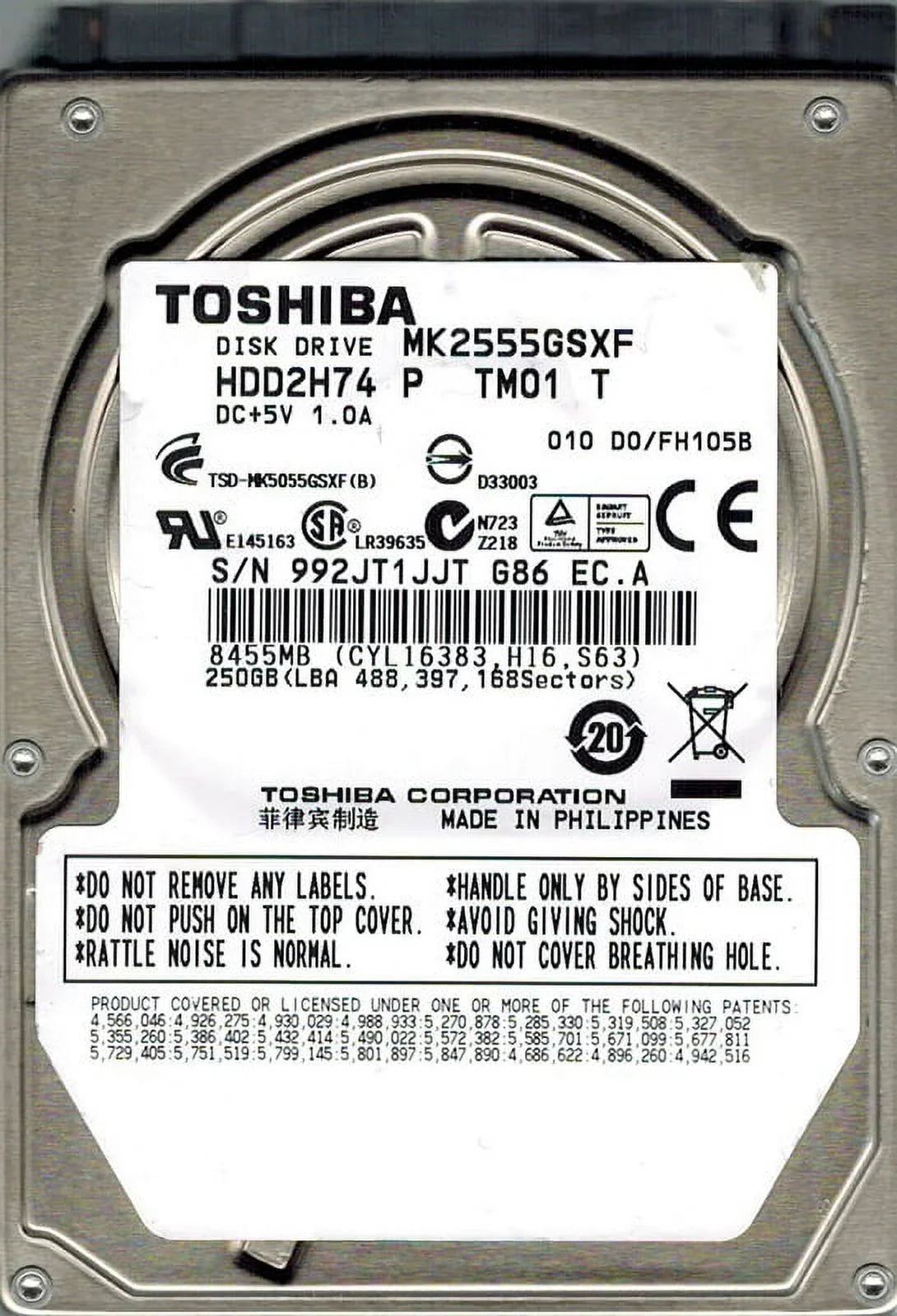 HDD2H74 Toshiba TM01 PHILIPPINES 250GB T MK2555GSXF P