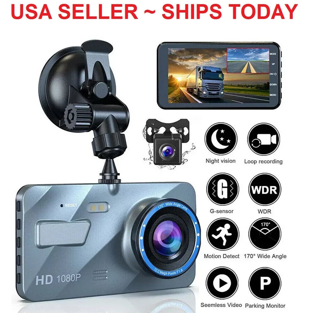 Lens Front Onemayship DVR Camera HD Car Cam Recorder 1080P Night Vision Dash 4" & Rear Dual