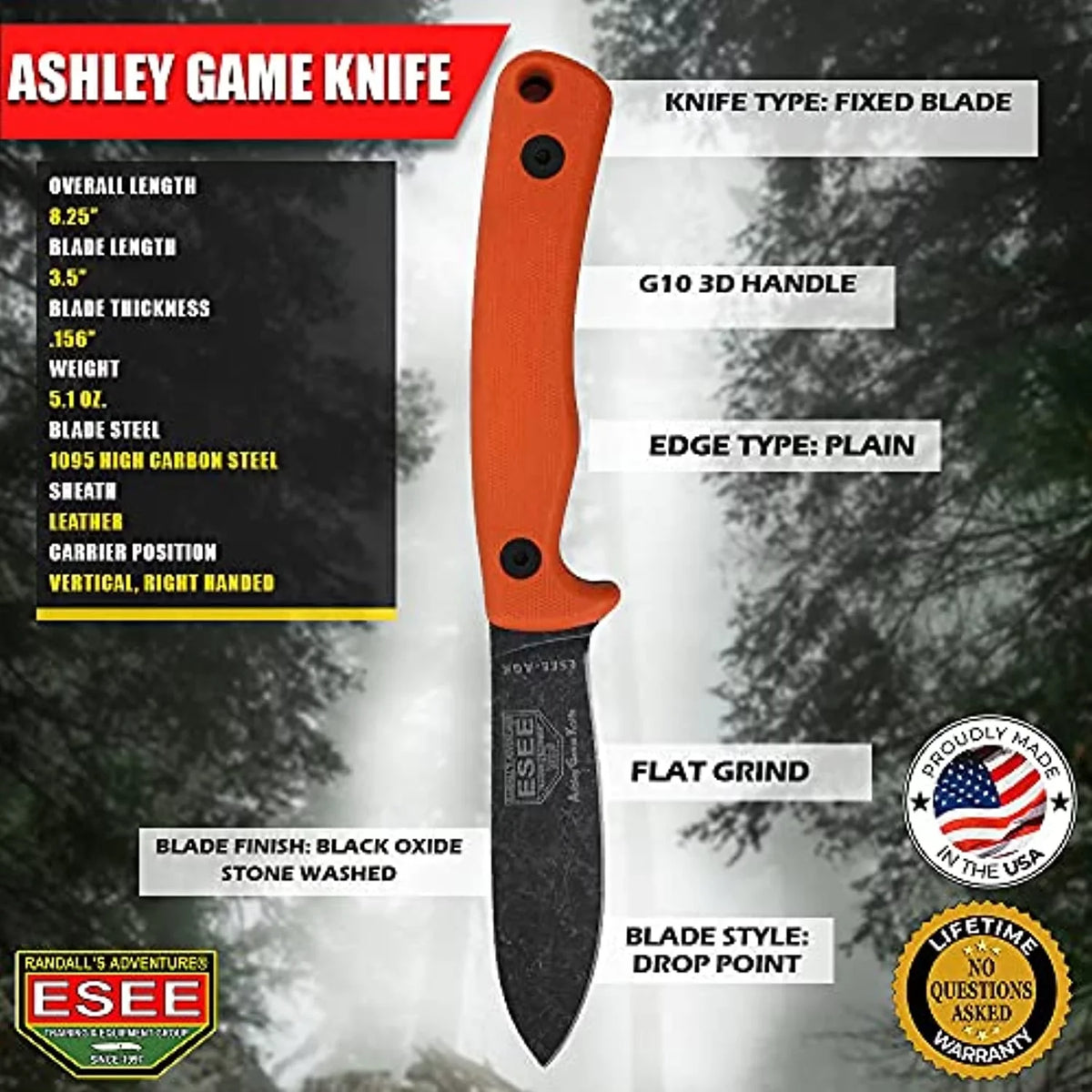 Esee Agk-Or Fixed Blade Ashley Game Knife Black 1095 Carbon Steel & Orange G10 Knives