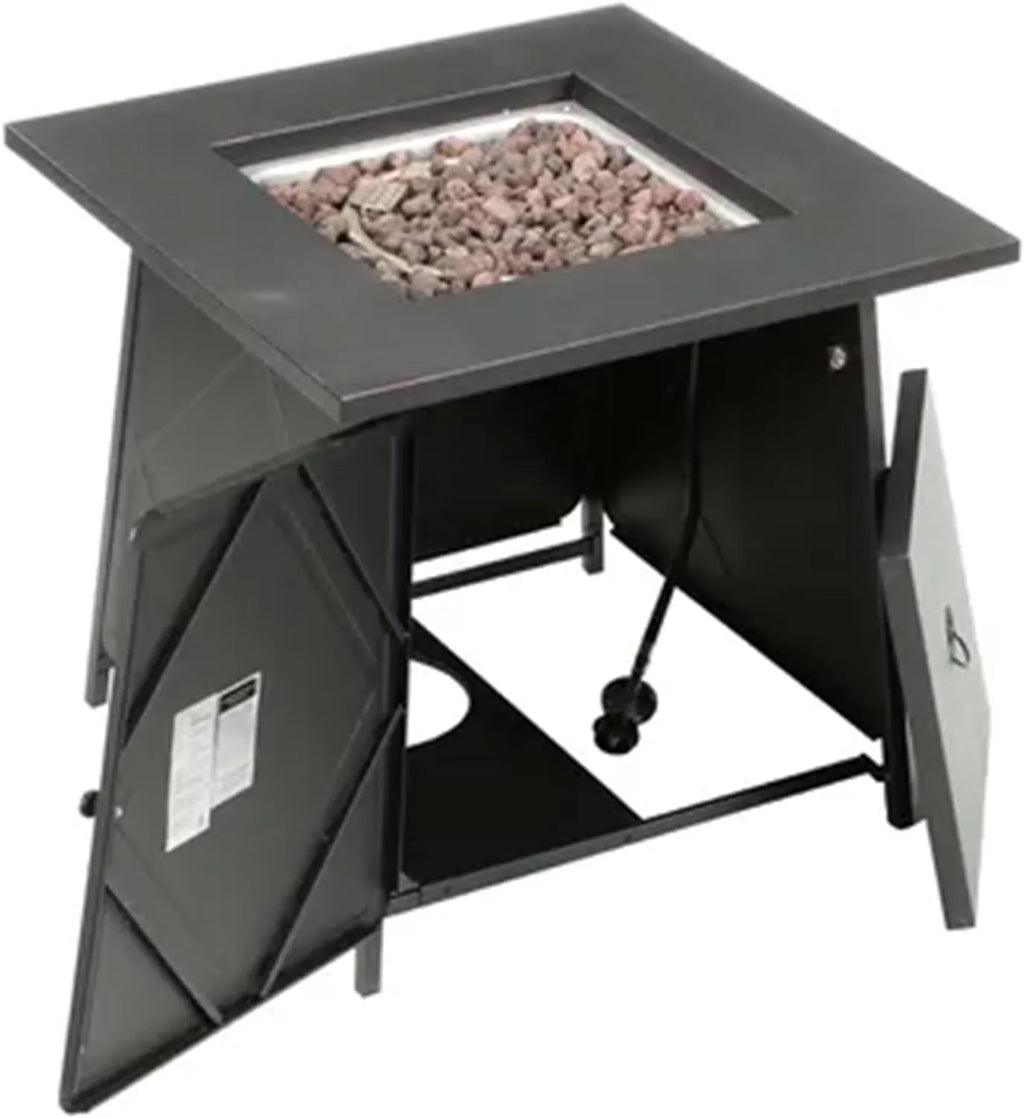 28 Inch Steel Square Gas Outdoor Backyard Tabletop Fire Pit With Lava Rocks And Steel Cover Lid, Black