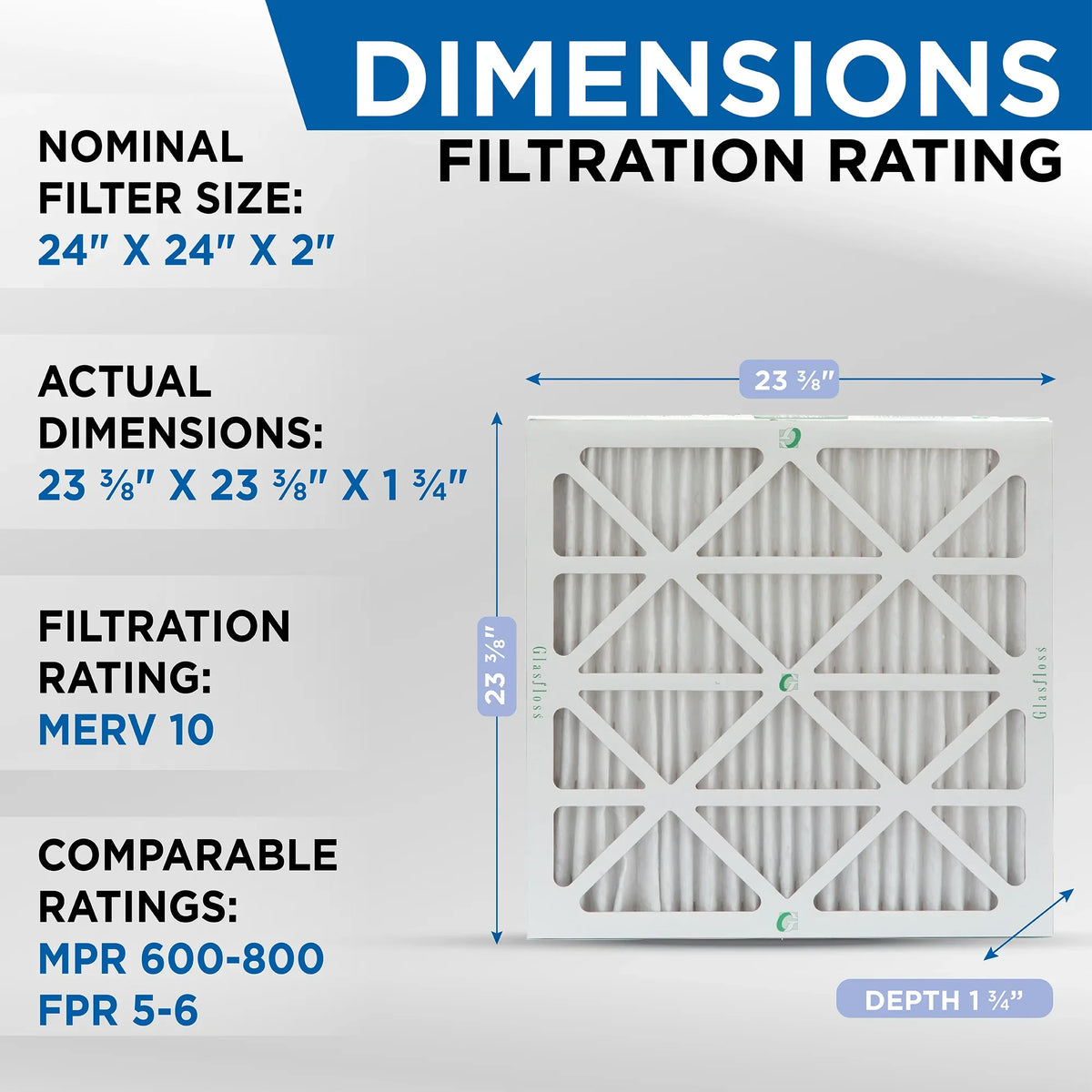 10 1-3/4 23-3/8 by AC MERV 8 Glasfloss Furnace Filters Industries. x ) 23-3/8 Pack ( Air Exact Pleated 24x24x2 x dimension: