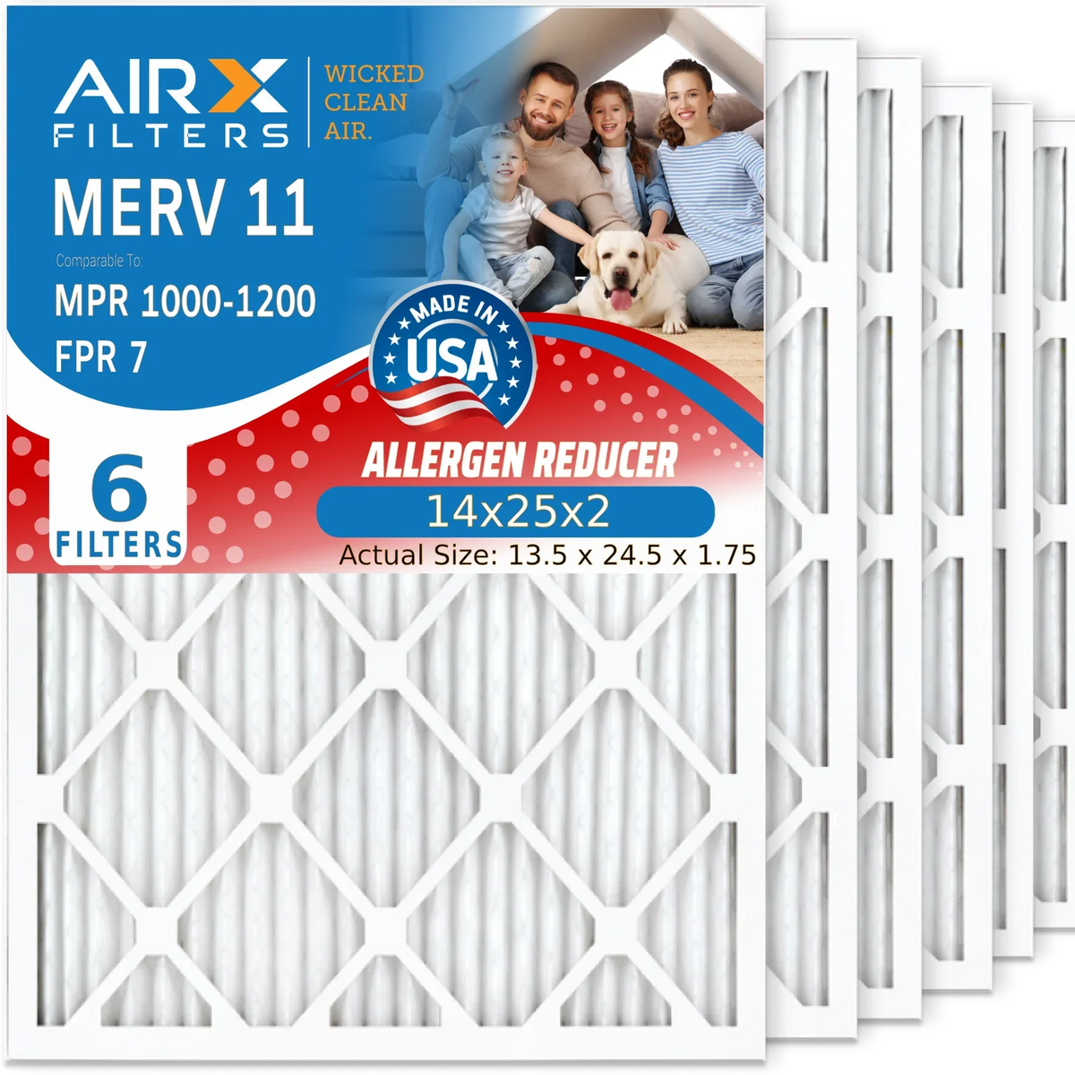 FPR MPR HVAC Air Made Filters Conditioner & AIR. USA FILTERS CLEAN 14x25x2 Air Premium Comparable 1200 AIRX by Filter Furnace MERV to Electrostatic 7 Pleated MPR Filter WICKED 11 Pack 1000, 6 14x25x2