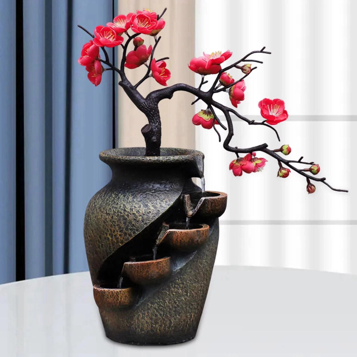 Creative Simulation Vasethree-Dimensional Tabletop Water Fountain Soothing Relaxation Flower Vase Craft Feng Shui Waterfall Fountains For Garden Office Living Room Desk Decor Gifts