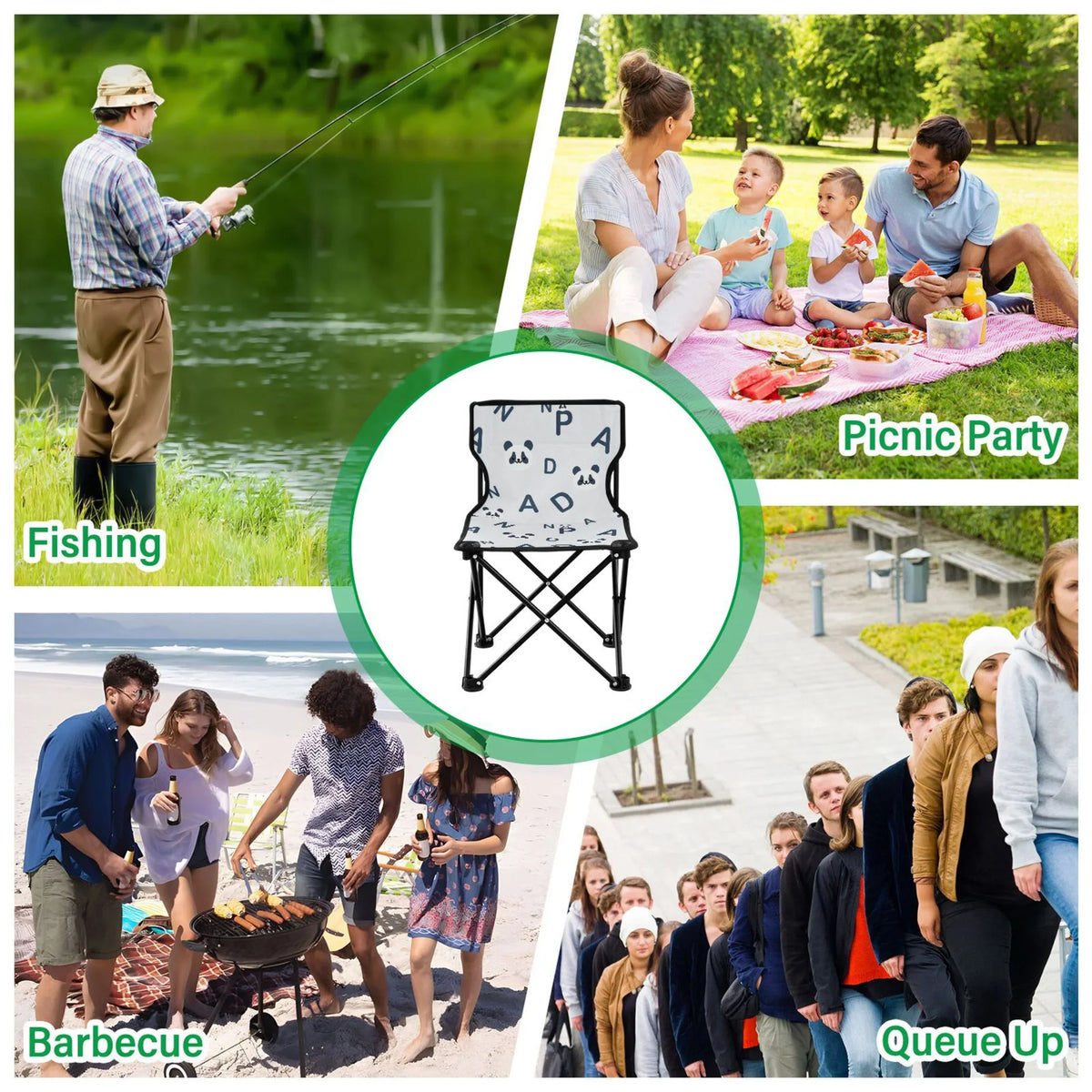 Cartoon Pandas And Alphabet Portable Camping Chair Small For Kids Outdoor Folding Beach Chair Fishing Chair Lawn Chair With Carry Bag