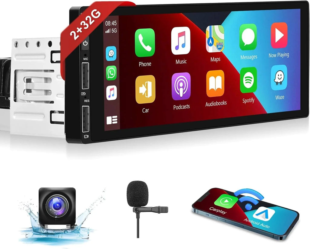 Thonzer 2G+32G Android Single Din Wireless Carplay Car Stereo Android Auto Podofo 6.86 Inch Hd Touch Screen Bluetooth Car Radio In Dash Gps Head Unit With Backup Camera Wifi Subwoofer Hifi Audio