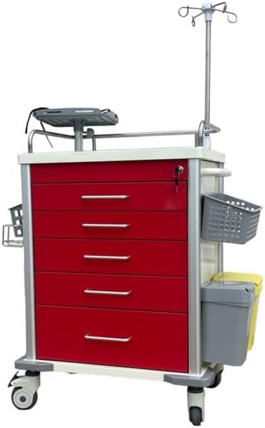 MS3C-600CRM, Hospital Crash Cart with Accessories, IV Pole, O2 Holder, Defibrillator Shelf, Cardiac Board, Trash Bin - Red