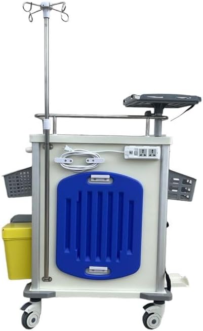 MS3C-600CRM, Hospital Crash Cart with Accessories, IV Pole, O2 Holder, Defibrillator Shelf, Cardiac Board, Trash Bin - Red