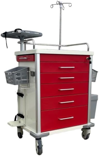 MS3C-600CRM, Hospital Crash Cart with Accessories, IV Pole, O2 Holder, Defibrillator Shelf, Cardiac Board, Trash Bin - Red