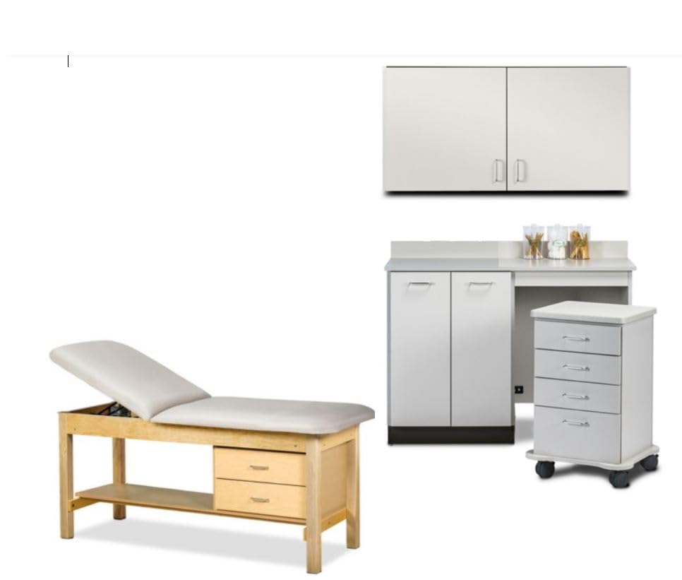 MSEC, Nurse Room Ready Package. Exam Table, 48" wall Cabinet, 48" Base Cabinet with Mobile Crash Cart (Maple Table Maple Cabinets, Slate Bule)