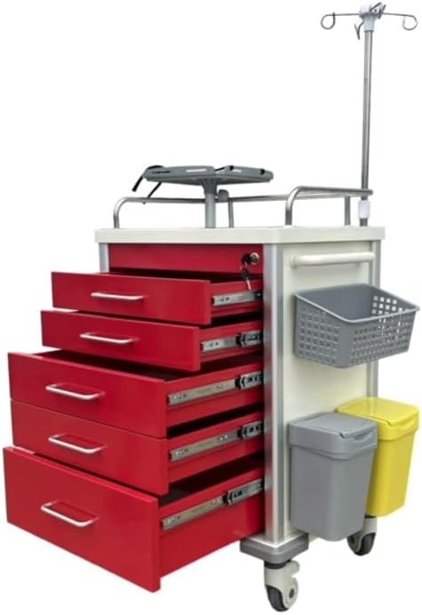MS3C-600CRM, Hospital Crash Cart with Accessories, IV Pole, O2 Holder, Defibrillator Shelf, Cardiac Board, Trash Bin - Red