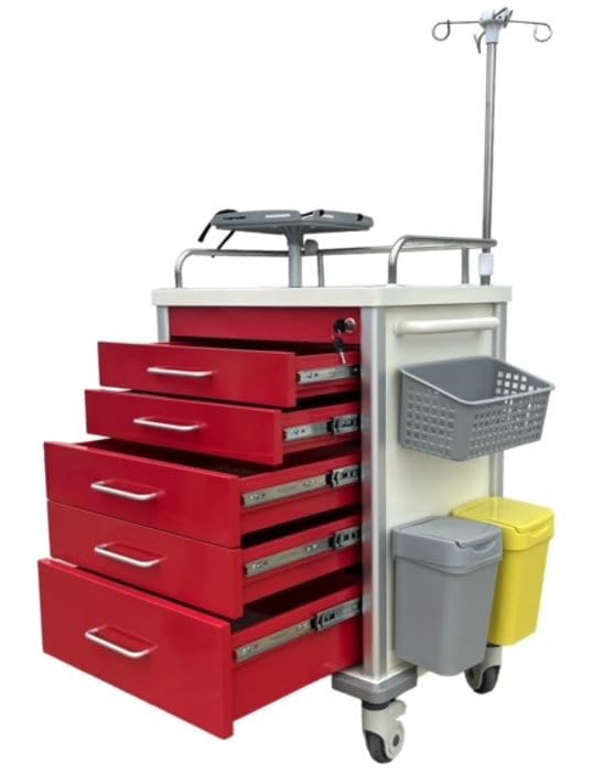MS3C-600CR Hospital Emergency Crash Cart with Accessory Package with IV Pole, O2 Holder, Cardiac Board, Trash Can and Drawer Dividers
