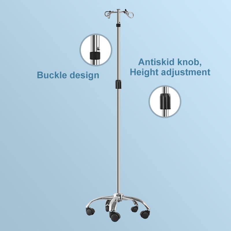 IV Poles with Wheels IV Stands 2 Hooks 5 Legs Rolling Base with Heavy Duty Stainless Steel, Adjustable Height,2PCS/2Pack