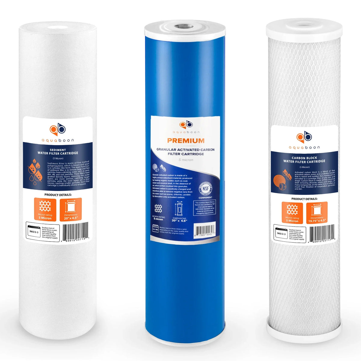 Aquaboon 5 Micron Big Cerulean 20" X 4.5" Gac, Cto Carbon Block & Sediment Replacement Filter Cartridges Set | 1 Set, 3 Packs Ep20-Bb, 2C-20Bb, 155358-43, Dgd-5005-20