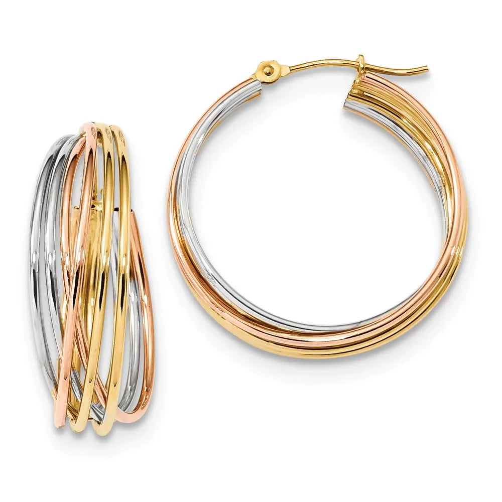 Real 14Kt Tri-Color Fancy Hollow Tube Hoops; For Adults And Teens; For Women And Men