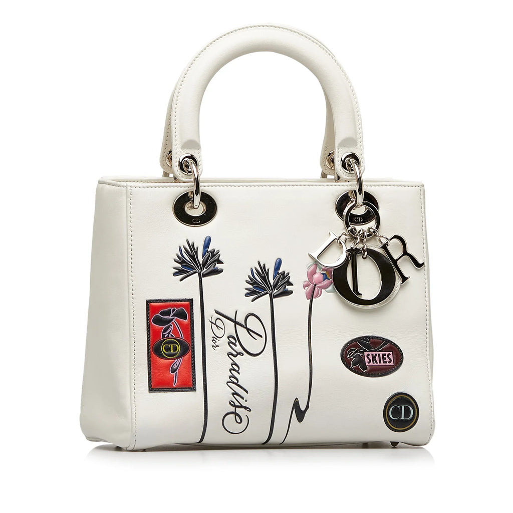 Dior White Lambskin Authenticated Leather Satchel Lady Unisex Pre-Owned Paradise (Good) Medium