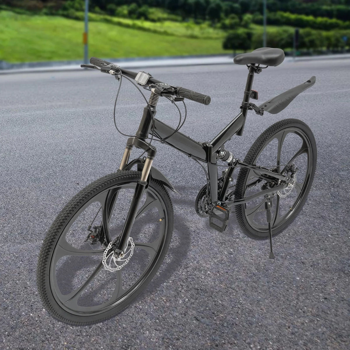 Miumaeov 26" Black Adult Folding Bike 21-Speed Shifter Folding City Bike Lamp Weight Carbon Steel Camping Bicycle Max Loading 150Kg/330Lbs
