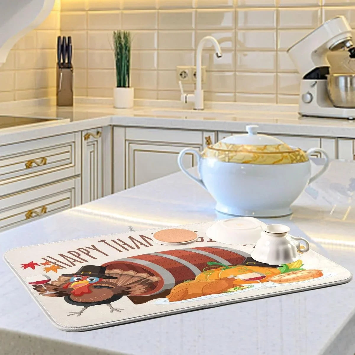 Harvest Wellsay Fall Mat Dry Kitchen Dish Dishes for Counter Accessories 16x18inch Turkey Happy Drainer Rack Pad Fast Dish Mats Autumn Drying Absorbent Thankgiving