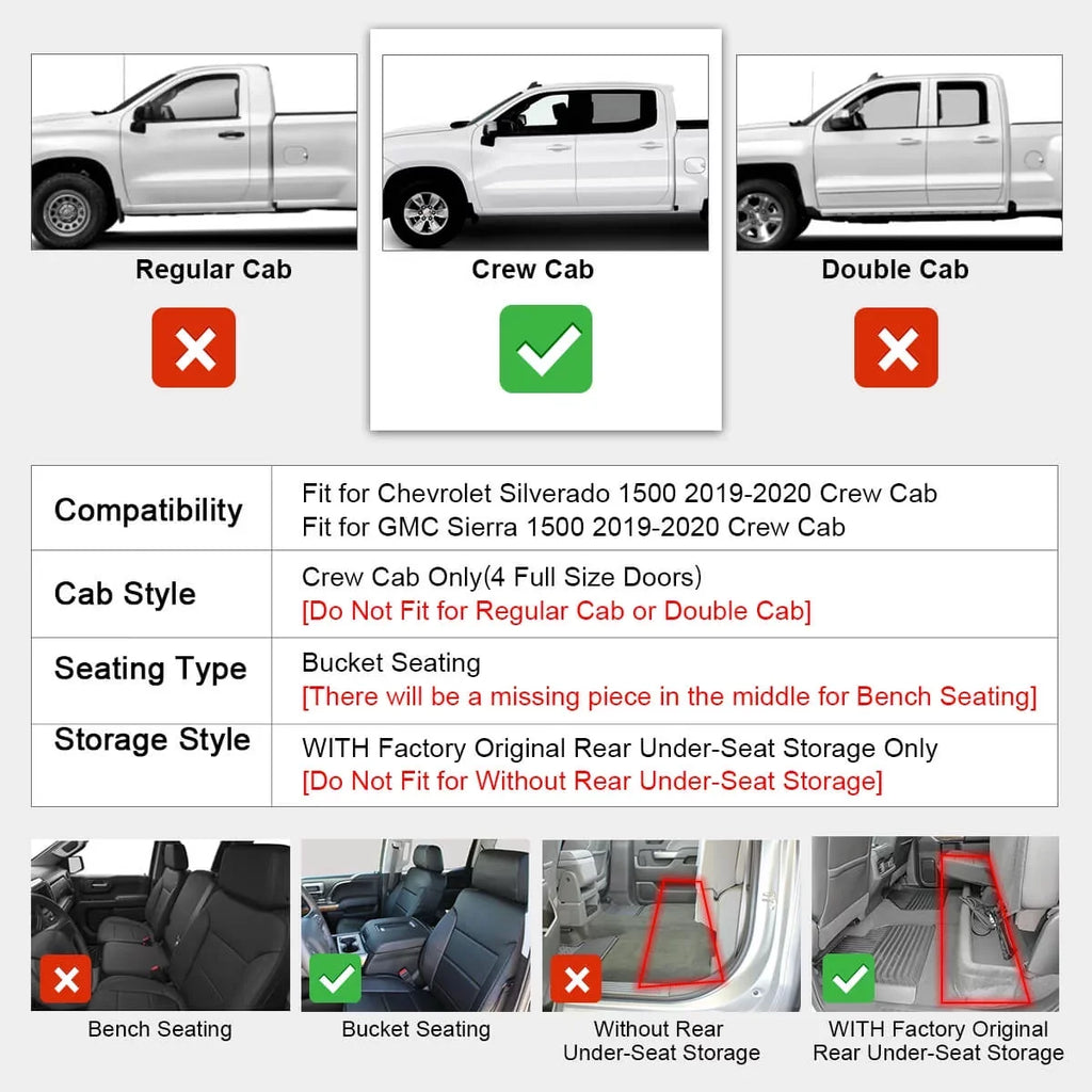 Floor Storage, for Double Plastic Silverado/GMC Cab, 1500 Fit Without & Lasfit Cab Crew 2020-2022 Mats (Don't Chevrolet 2019-2022 2500HD/3500HD Sierra Storage)