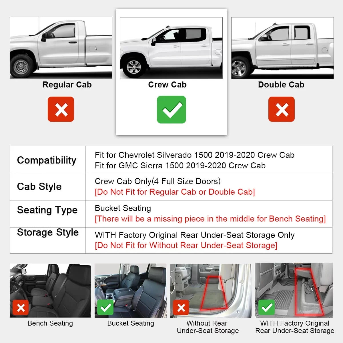 Floor Storage, for Double Plastic Silverado/GMC Cab, 1500 Fit Without & Lasfit Cab Crew 2020-2022 Mats (Don't Chevrolet 2019-2022 2500HD/3500HD Sierra Storage)