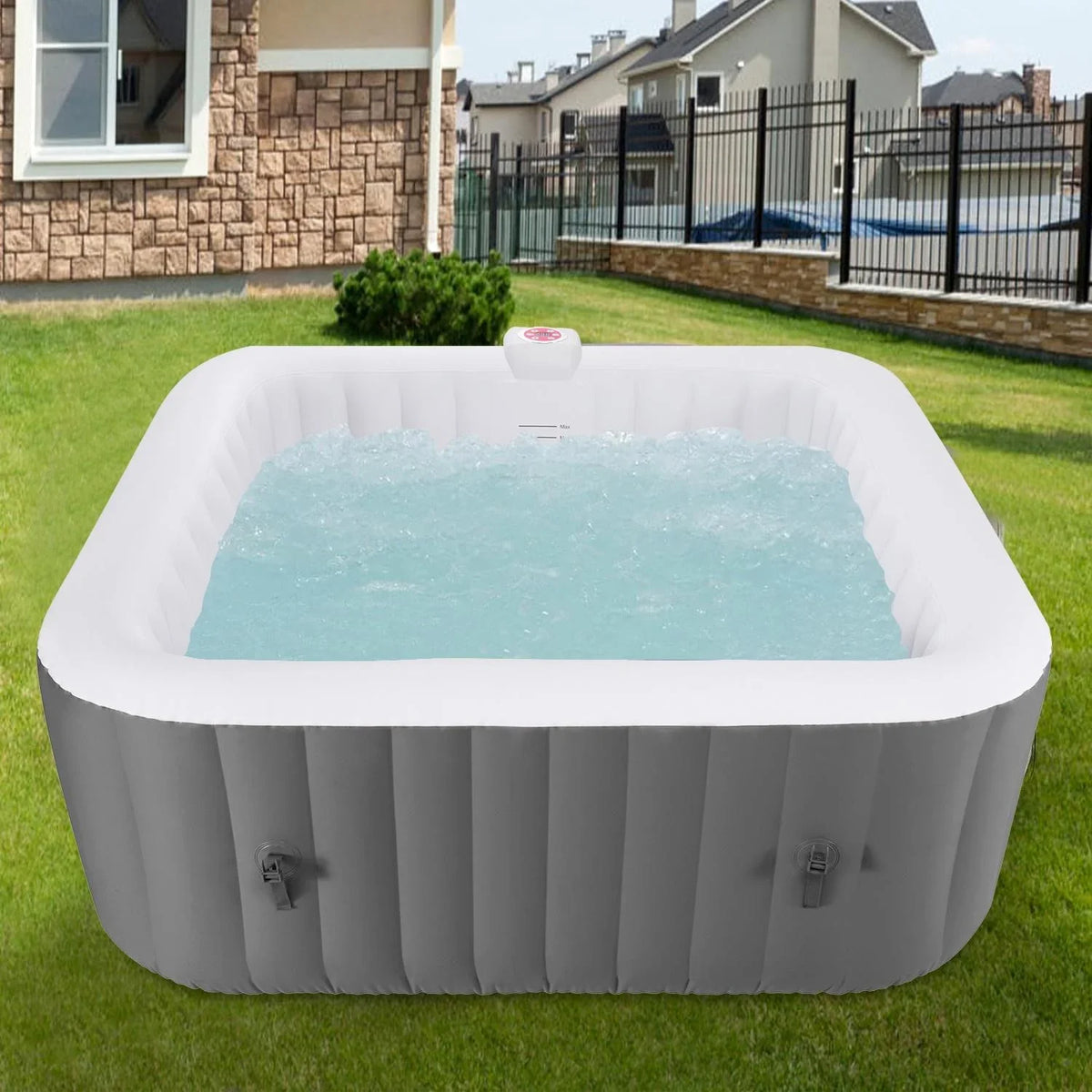 73''Inflatable Hot Tub, Outdoor Hot Tub For 6 Person Indoor Home Spa With Hidden Machine, 130 Massage Jets, Lockable Cover, Storage Bag, Mat, Max 104℉, 910L Capacity