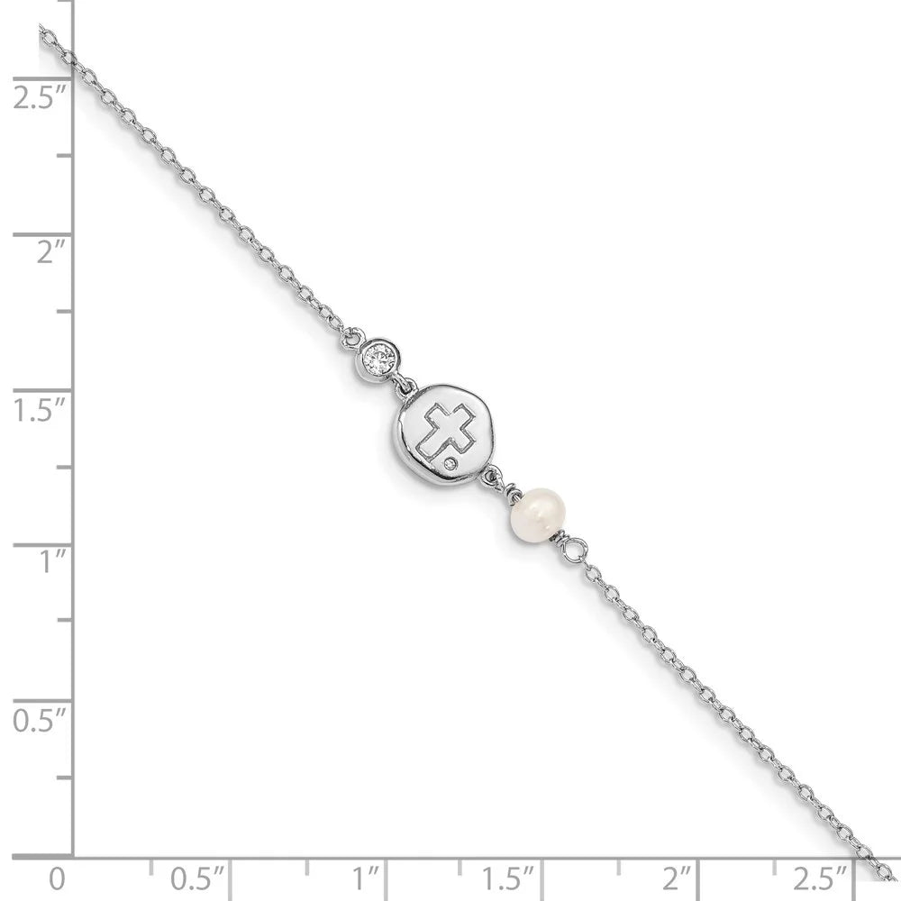 925 Women CZ/Cross/FWC Pearl RH-plated for ext Sterling Bracelet Auriga Silver w/0.5inch
