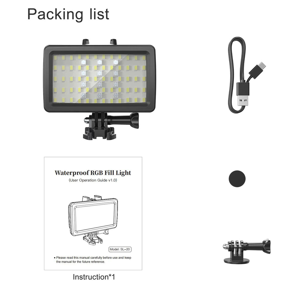 RGB Diving IPX8 Built-in Fill Video Photography CRI95+ Modes for SL-20 Tomshoo 40M Rechargeable Replacement for Battery Underwater Waterproof Dimmable Underwater Snorkeling 8 Video
