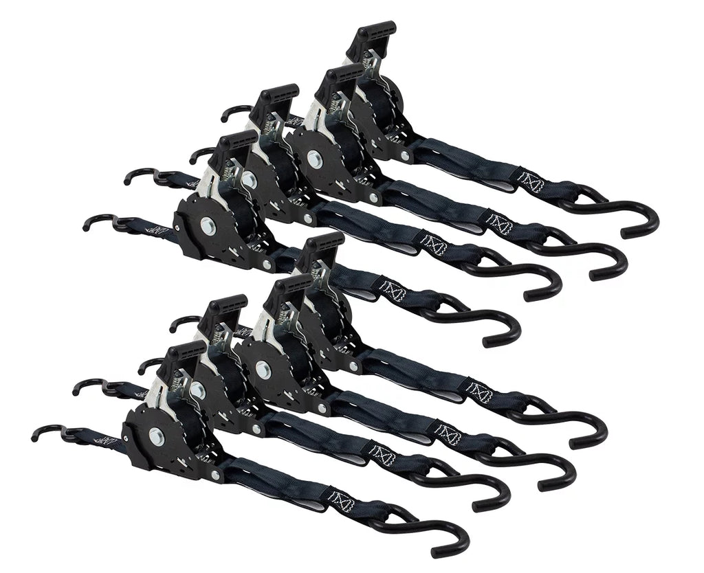 Auto Retract No-Ratcheting Ratchet Straps | 1" X 12' Retractable Ratchet Straps With Coated S Hook Tiedowns For Motorcycles, Atvs, Bikes: Tight & Secure Pickup Trailer Tie-Down - 8 Pack