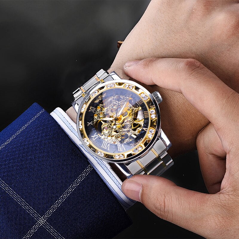Gift Silver Gold White Movement Diamond Wrist Gear Skeleton Watch 1pc Luxury Men Exquisite Mechanical Business