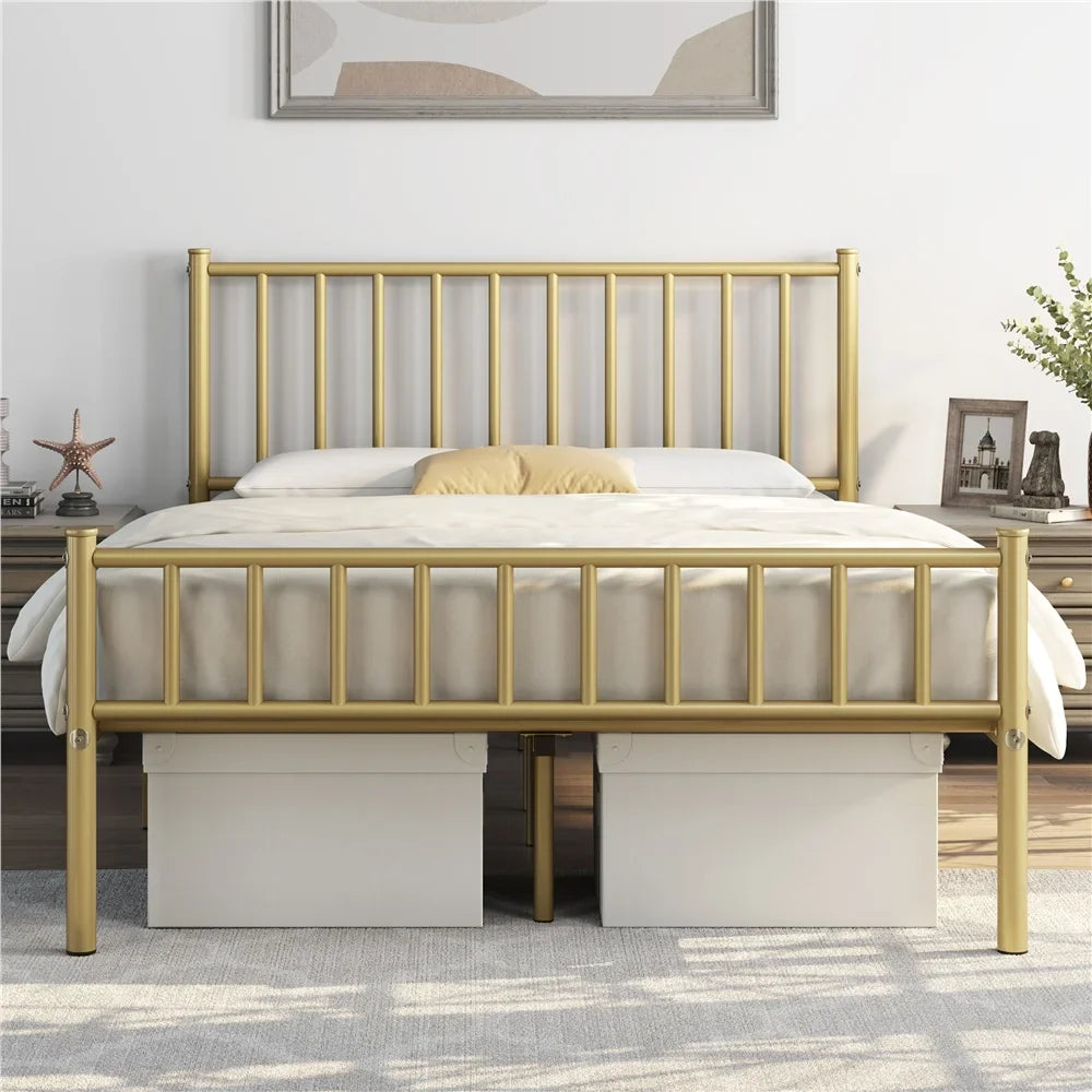 Easyfashion Justin Metal Platform Bed With Spindle Headboard And Footboard,Full,Antique Gold