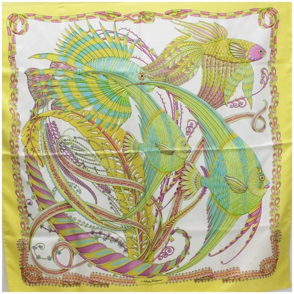 Second-Hand Salvatore Ferragamo Silk Scarf Tropical Fish White X Yellow Salvatore Ferragamo Ladies (Good)
