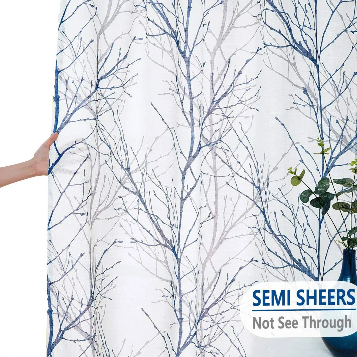 Curtain Textured Sheer Branches Linen Bedroom, Semi Blue for Grommet, Tree 52"x84"x2 Living White Curtain Print Sheer for Decoultimatex Panels Room Window Set Drapes Gray