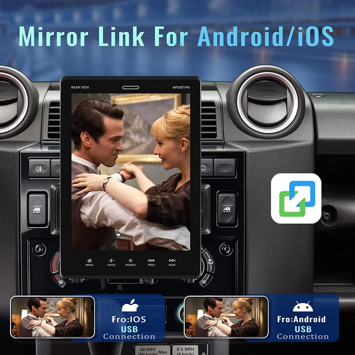 Android USB 12 Touch Stereo Din Mirror Bluetooth 9.5'' with Radio FM,with HD Car Car Player Rear MP5 Single LED Camera Car Link Auto Podofo Screen Carplay