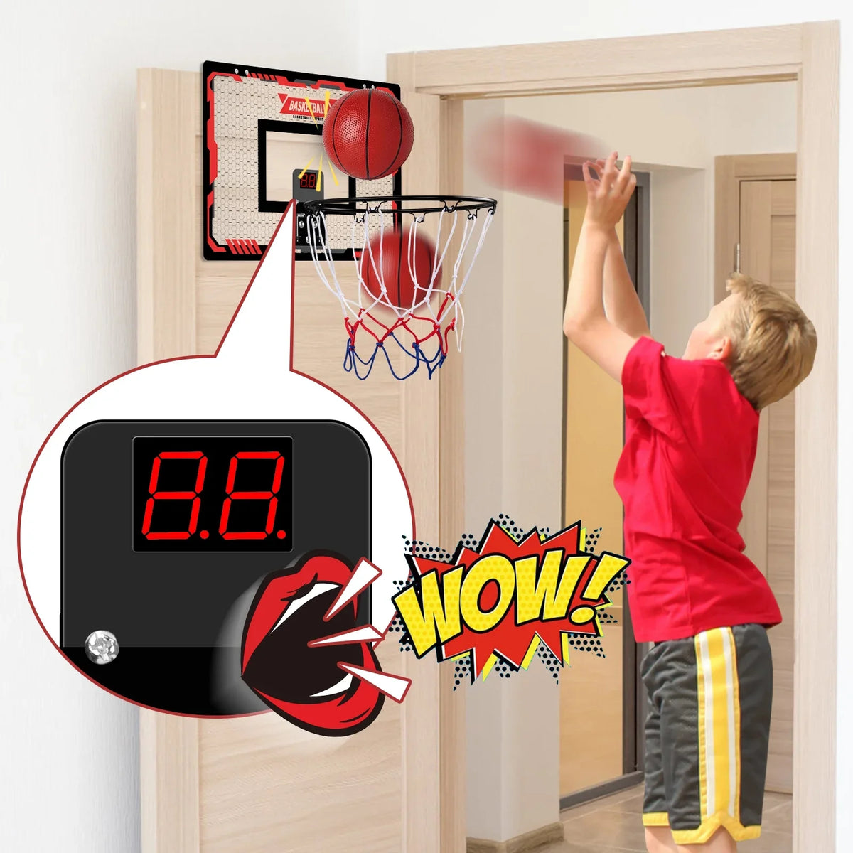 Indoor Basketball Hoop For Kids, Indoor Over The Door Basketball Hoops, Led Lamp Mini Basketball Goals With 2 Balls & Electronic Scoreboard, Christmas Toys Gifts For 5 6 7 8 9 10 11 12+ Year Old Boys