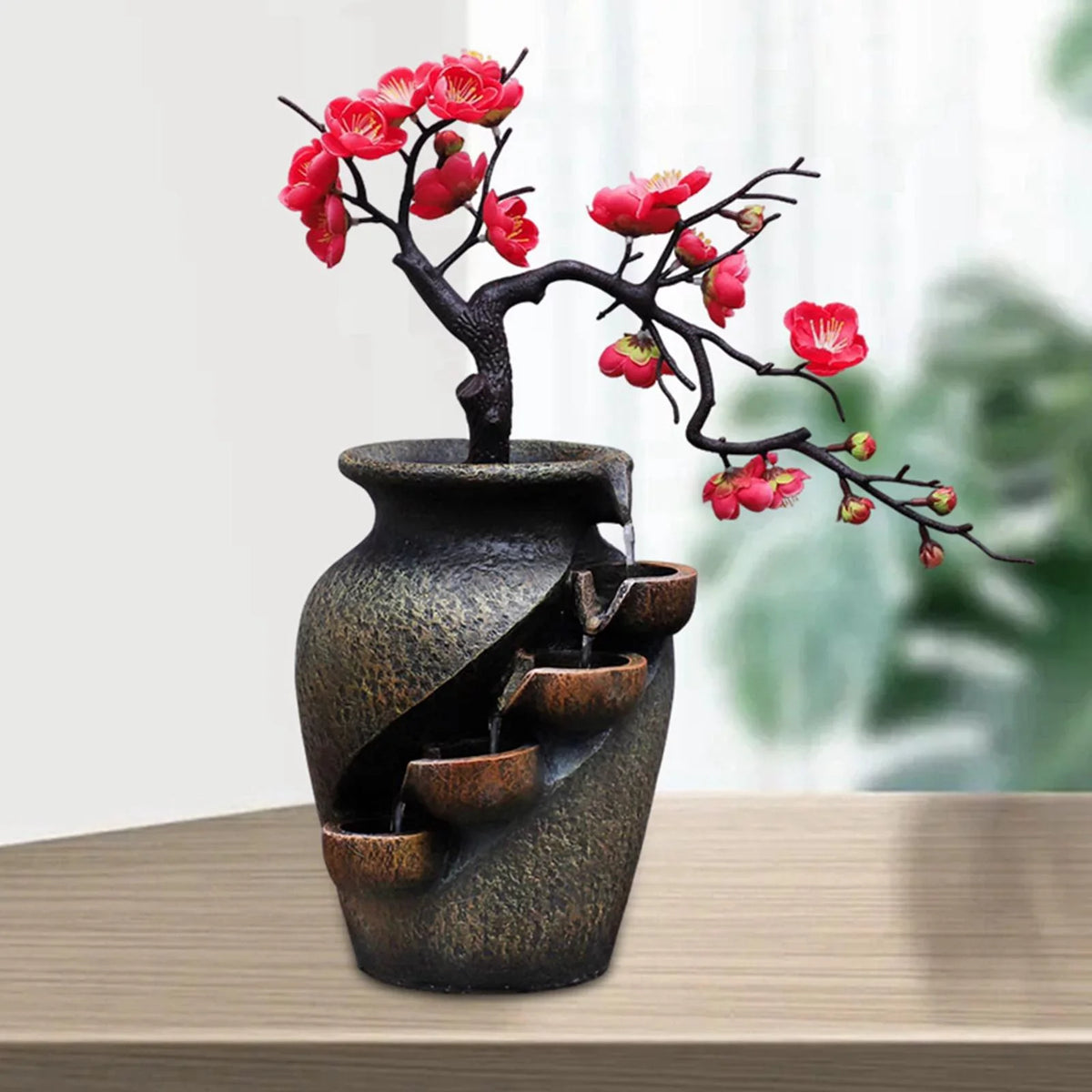 Creative Simulation Vasethree-Dimensional Tabletop Water Fountain Soothing Relaxation Flower Vase Craft Feng Shui Waterfall Fountains For Garden Office Living Room Desk Decor Gifts