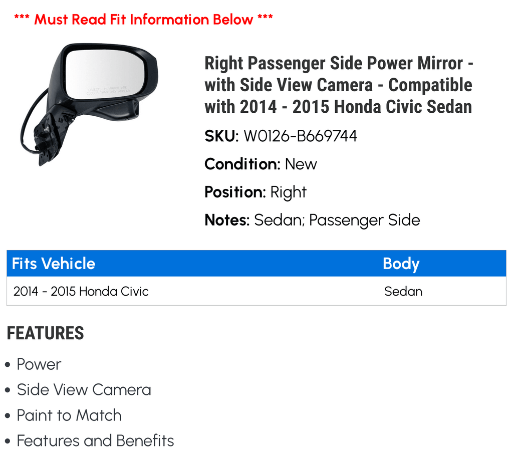 with - - - View with Side 2014 Power Side Camera 2015 Mirror Compatible Passenger Sedan Civic Right Honda