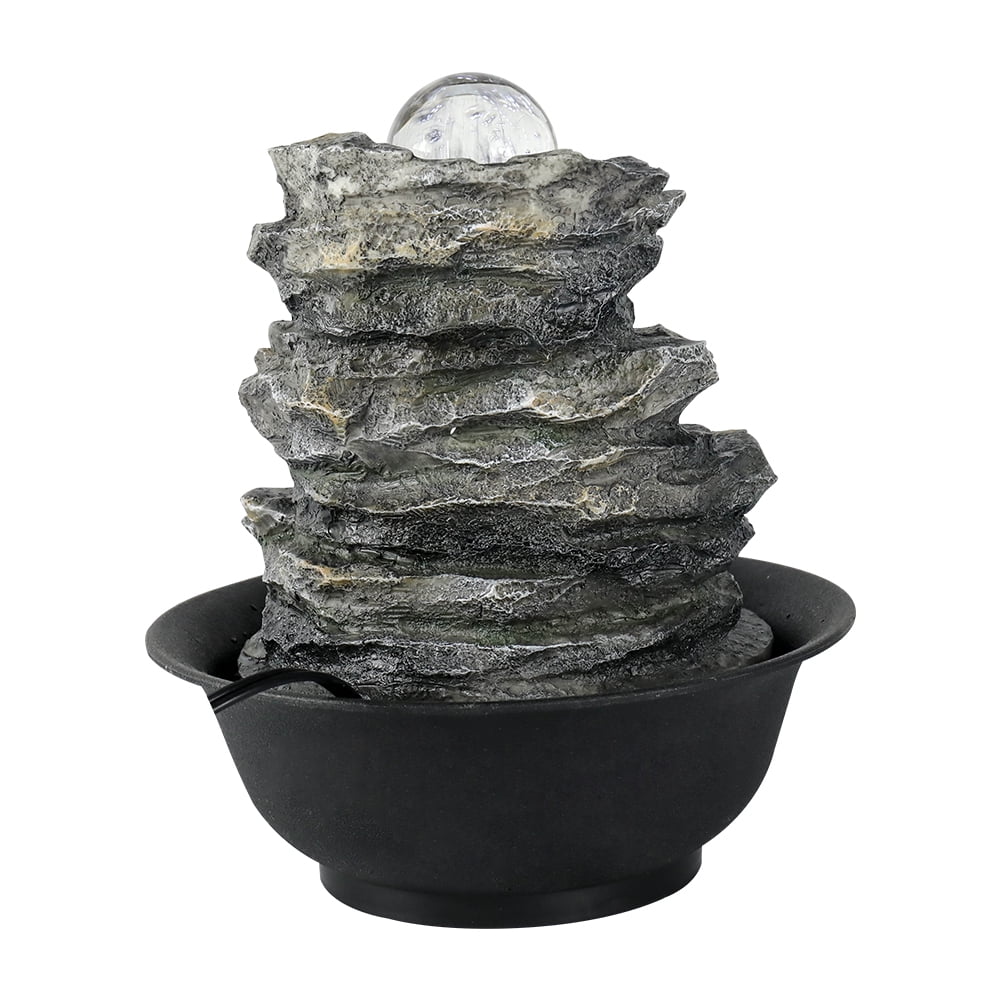 8.3-Inch High 4-Tier Cascading Rock Falls Tabletop Water Fountain With Led Lights For Home And Office Decor