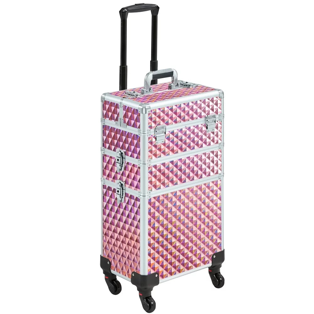 with 3-in-1 Trolley Large Makeup Rolling Case Storage, Topeakmart Pink Train Cosmetic