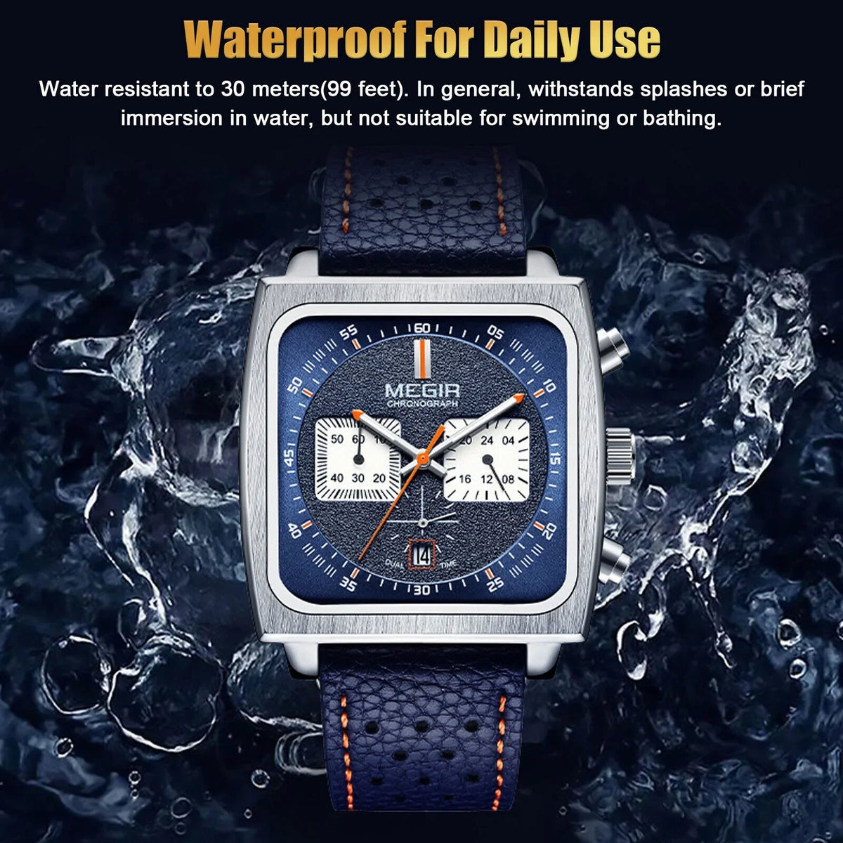 Leather Wrist MEGIR Watch Waterproof Quartz Fashion Luminous Men Calendar Square