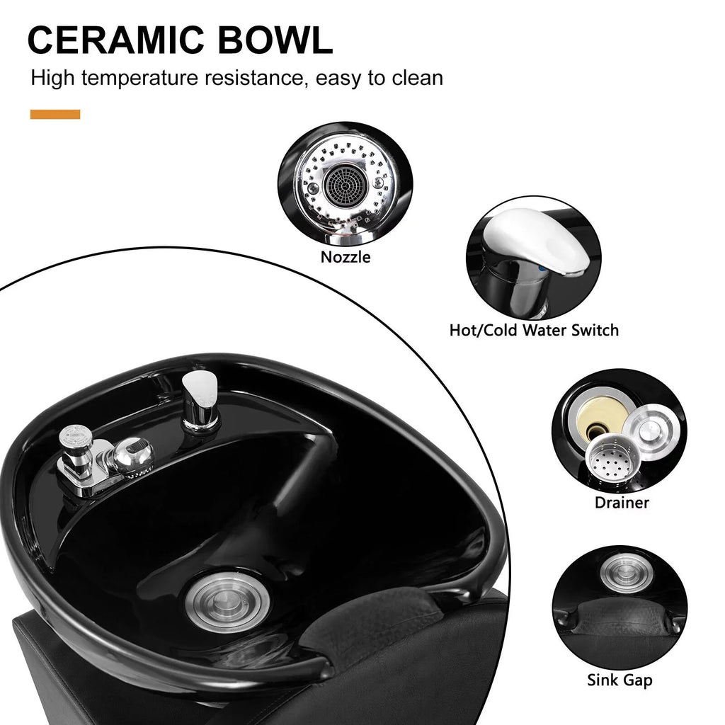 Adjustable Ceramic Beauty Hand Shampoo Tattoo Artist Bowl, Chair Backwash Footrest Salon and Black Spa Sink Bowl with