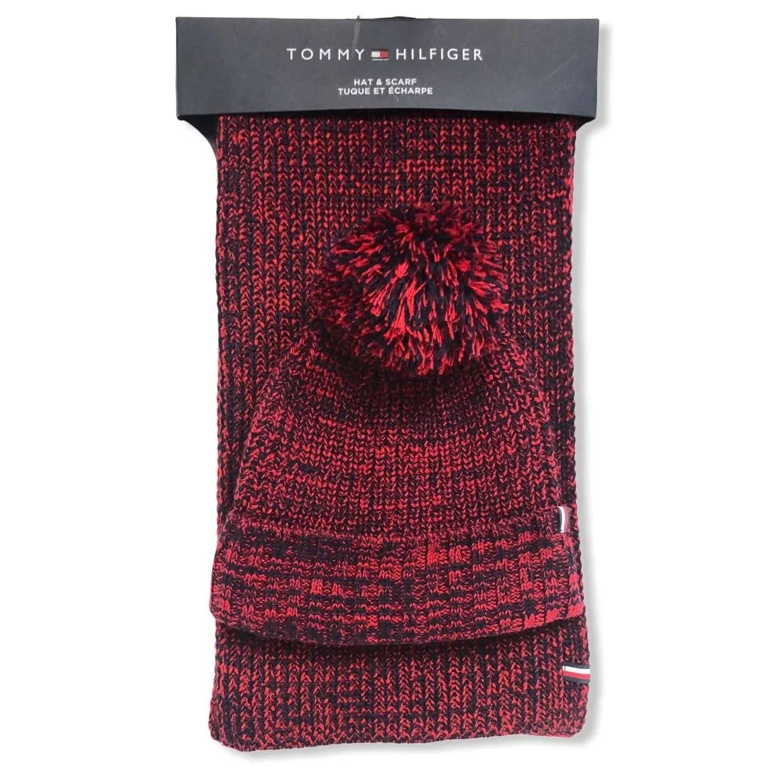 Tommy Hilfiger Logo Hat And Scarf Set Red And Navy