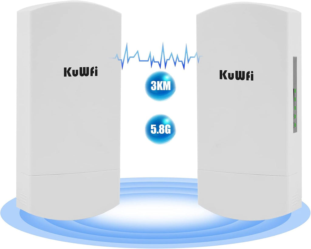 Outdoor Wireless Bridge, KuWFi 5.8G 3KM Transmission WiFi Point to Point Wireless Ethernet Bridge Router, with 3 RJ45 LAN Ports, Pre-Program, 48V PoE, 2-Packs