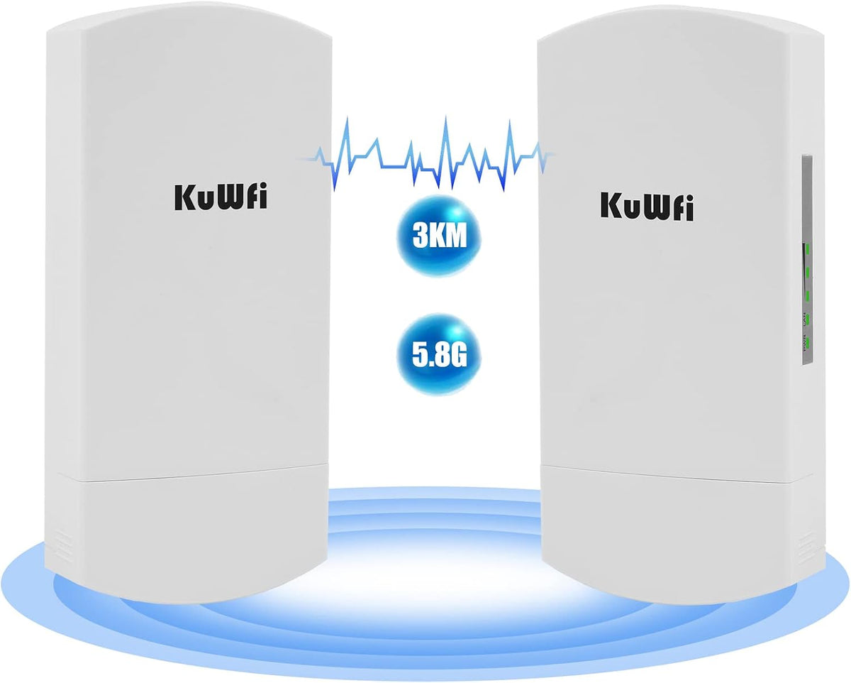 Outdoor Wireless Bridge, KuWFi 5.8G 3KM Transmission WiFi Point to Point Wireless Ethernet Bridge Router, with 3 RJ45 LAN Ports, Pre-Program, 48V PoE, 2-Packs