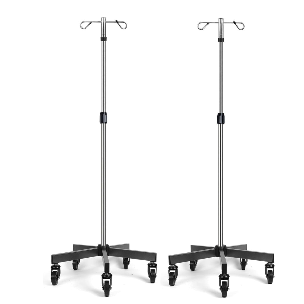 IV Poles with Wheels IV Stands 2 Hooks 5 Legs Rolling Base with Heavy Duty Stainless Steel, Adjustable Height,2PCS/2Pack