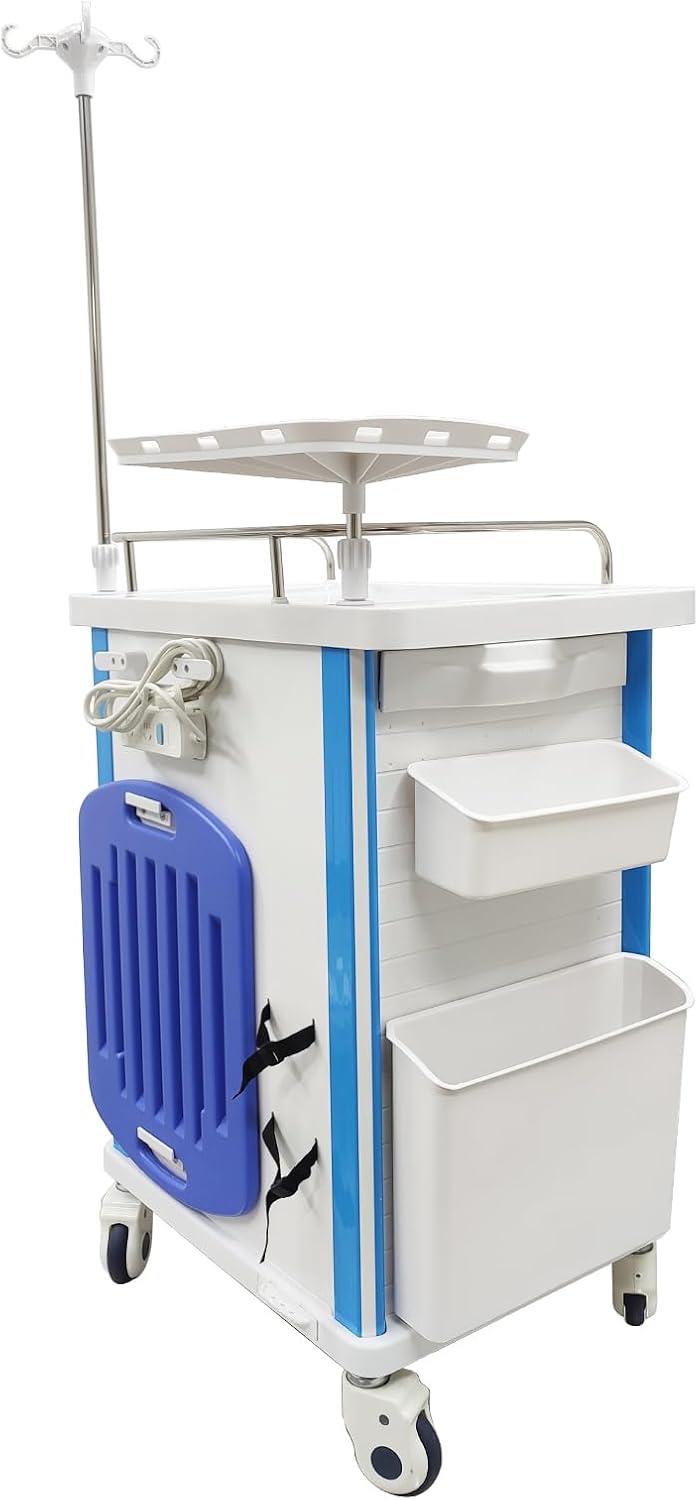 Mobile Anesthesia Cart Medical Emergency Crash Cart Medication ABS Storage Trolley Movable Vehicle Cabinet with Oxygen Cylinder Bracket Plastic Basket for Hospitals and Clinics